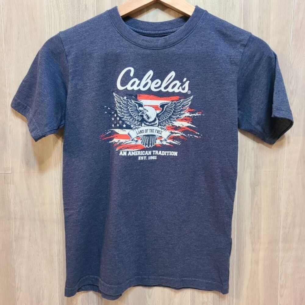 Cabela's T Shirt Boys Large L Blue Eagle American Flag Patriotic Graphic Tee
